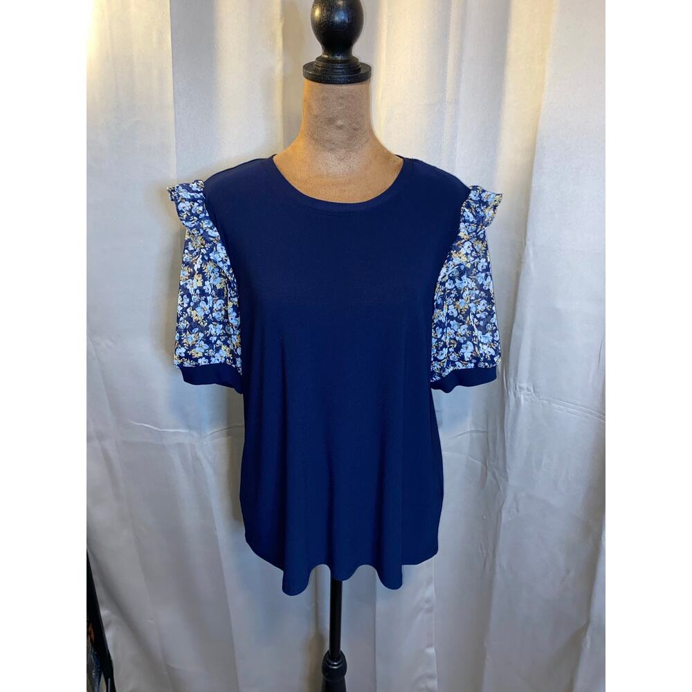 CeCe Womens Blue Floral Flutter Sleeve Blouse Top L  Ruffle Sleeve Stretch Knit
